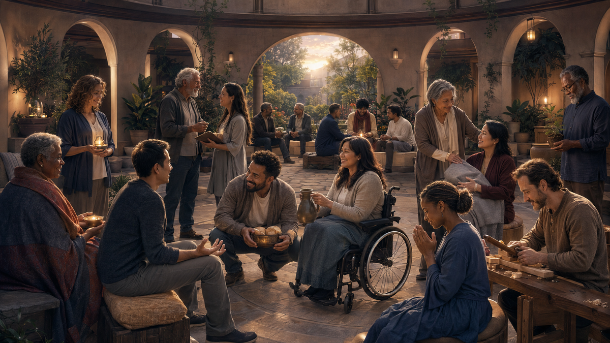 A diverse adult Christian community gathered in luminous shared service