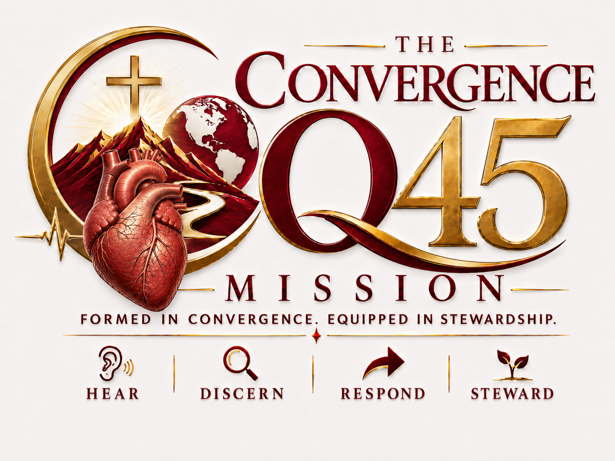 The Convergence Q45 Mission emblem with a heart, cross, globe, mountains, and the movement Hear, Discern, Respond, Steward