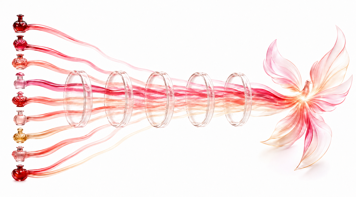 Jeweled vessels moving through luminous chambers into an open-winged flower form