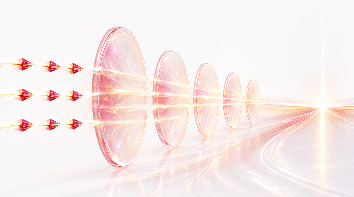 Directional lights moving through open fields toward a radiant horizon