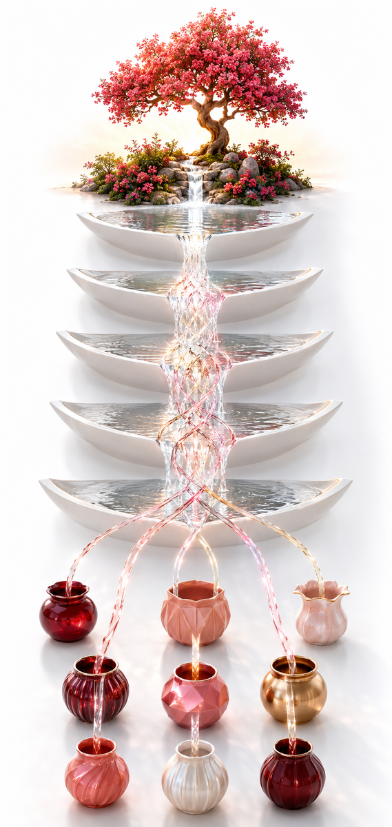 Nine vessels flowing through five pools into a flourishing oasis