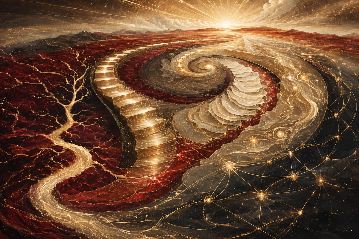 An illuminated branching field, ascending path, unfolding layers, radiant horizon, and golden network representing five integrated CliftonStrengths