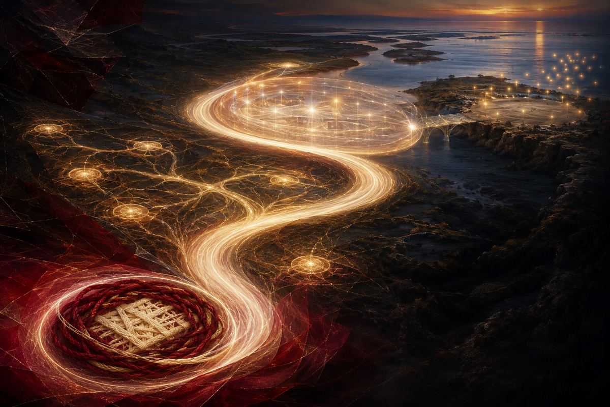 A woven pilot circle flowing through regional relationship nodes into a larger virtual gathering and toward an intentionally unfinished final bridge near Tampa Bay