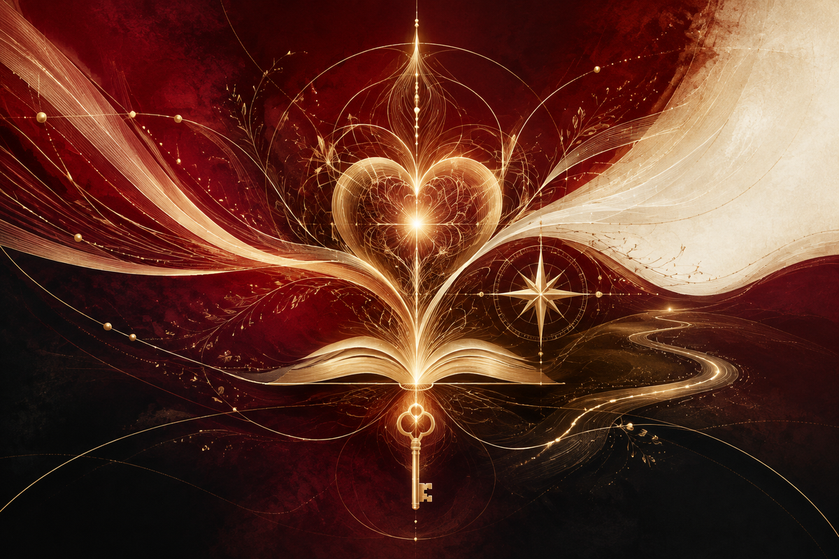 Crimson, ivory, and gold streams converging through an open book, heart contour, compass, pathway, and key into one integrated living design