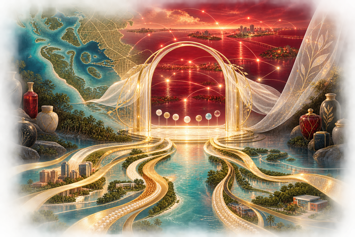 Many luminous regional pathways crossing a Tampa Bay estuary and converging at a transparent open gateway, while sealed vessels remain respectfully outside the passage