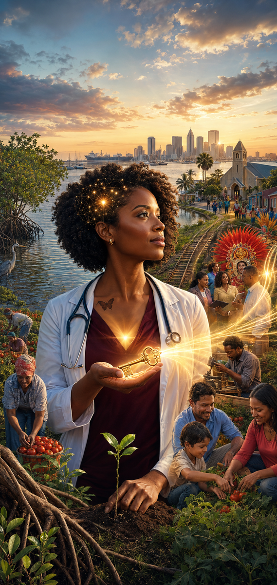 A physician holding a luminous golden key within a Tampa Bay landscape of water, agriculture, churches, enterprise, families, and civic life