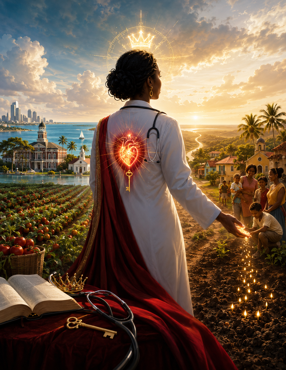 A physician sowing luminous seeds along a path joining South Shore and Tampa Bay with wider national and international fields
