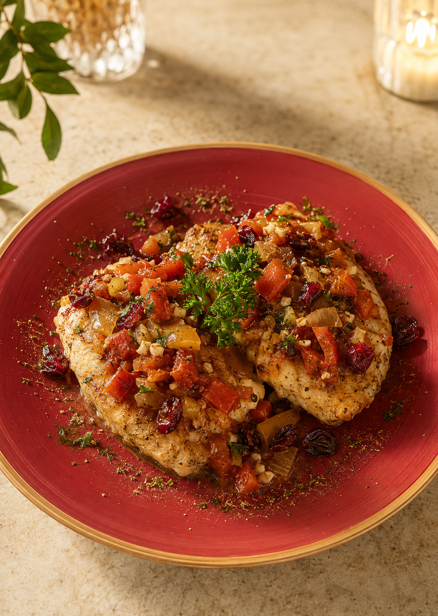 Sparkling cranberry jerk tilapia with tomatoes, peppers, onions, cranberries, garlic, and parsley on a crimson plate